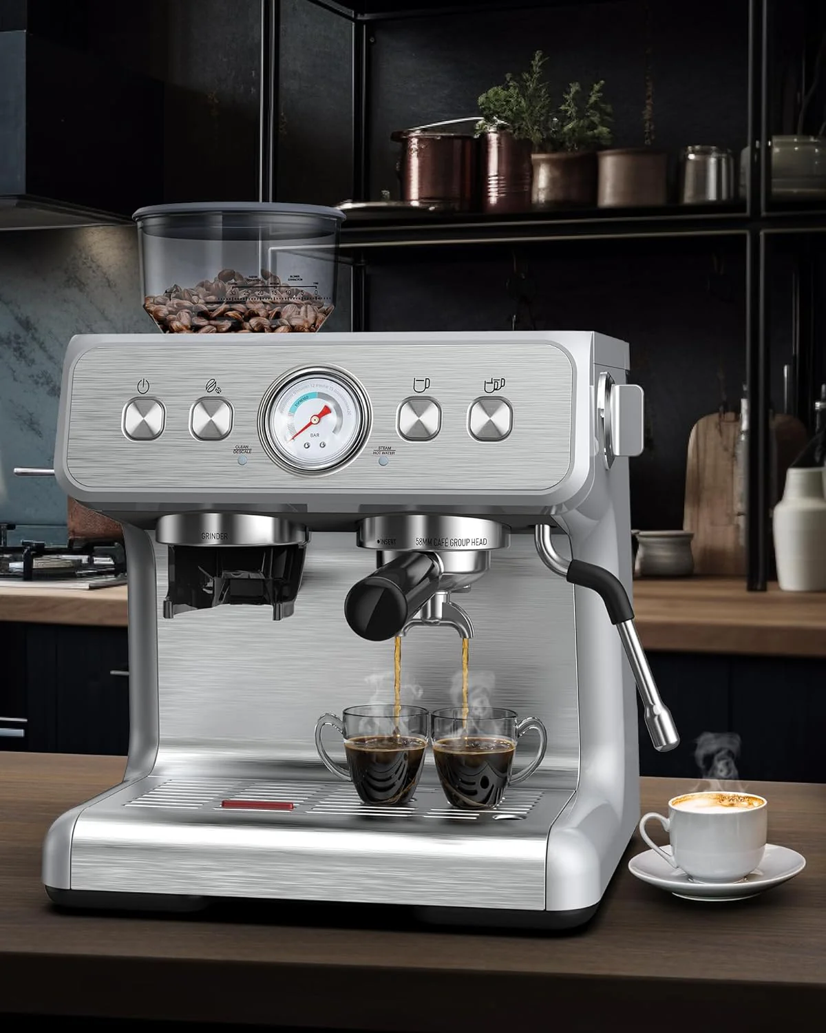 Espresso Machine 15 Bar, Semi-Automatic Coffee Maker with Bean Grinder and Milk Frother Steam Wand CM8050