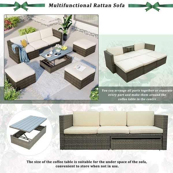 5Piece PE Wicker Sofa Set with Adjustable Backrest,Ottomans,and Lift Top Table