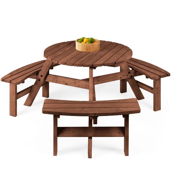 6Person Circular Wooden Picnic Table w/ Umbrella Hole,3 Benches