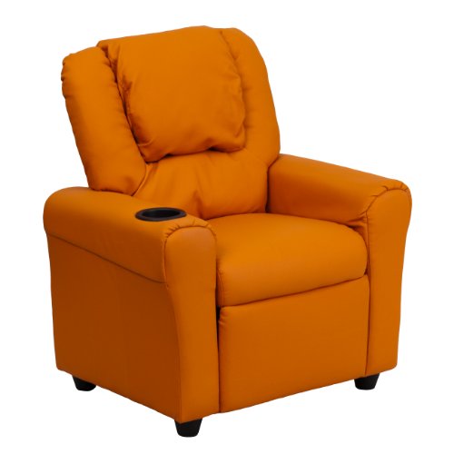EMMA + OLIVER Beige Vinyl Kids Recliner with Cup Holder and Headrest