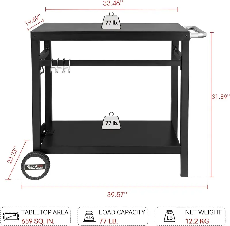 Royal Gourmet Stainless Steel Dining Cart – Double-Shelf Grill Station with Hooks, Side Handle & Flattop Surface (Model PC3401B, Black)