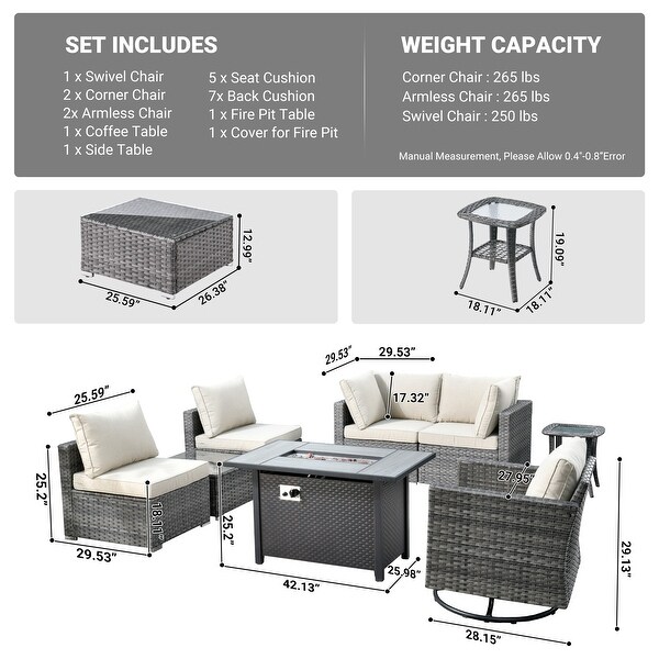 HOOOWOOO 8piece Rattan Wicker Patio Furniture Set with Fire Pit