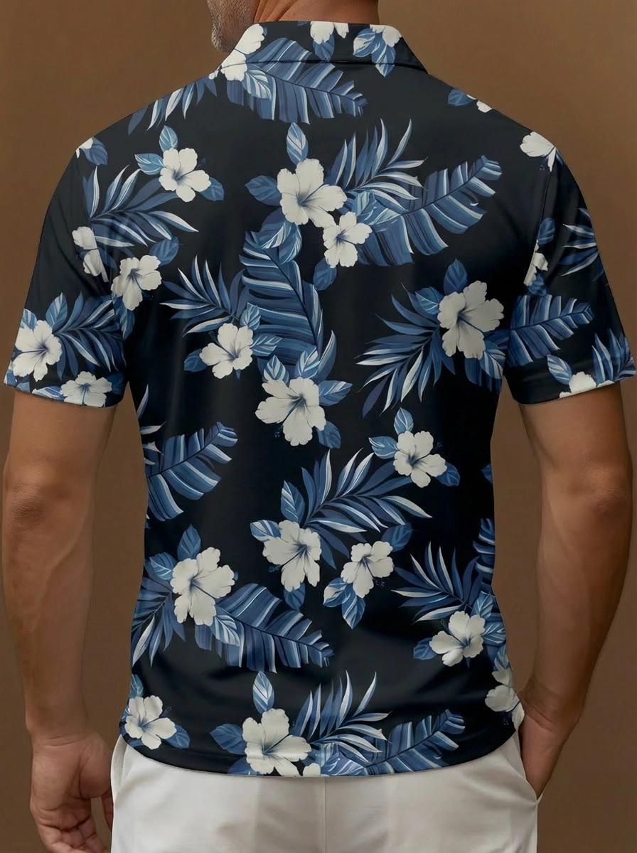 Black Blue White Hibiscus Floral Pattern Button Short Sleeve Golf Polo Shirt
