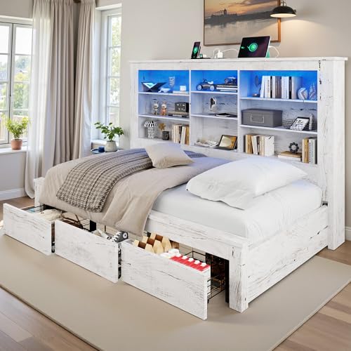 Jocisland Twin Daybed with Bookcase Headboard, USB-C Charging, RGB Lights & 3 Drawers, No Box Spring Needed, Wood Bed Frame for Teens, Dorms, Guest Room, Rustic Oak