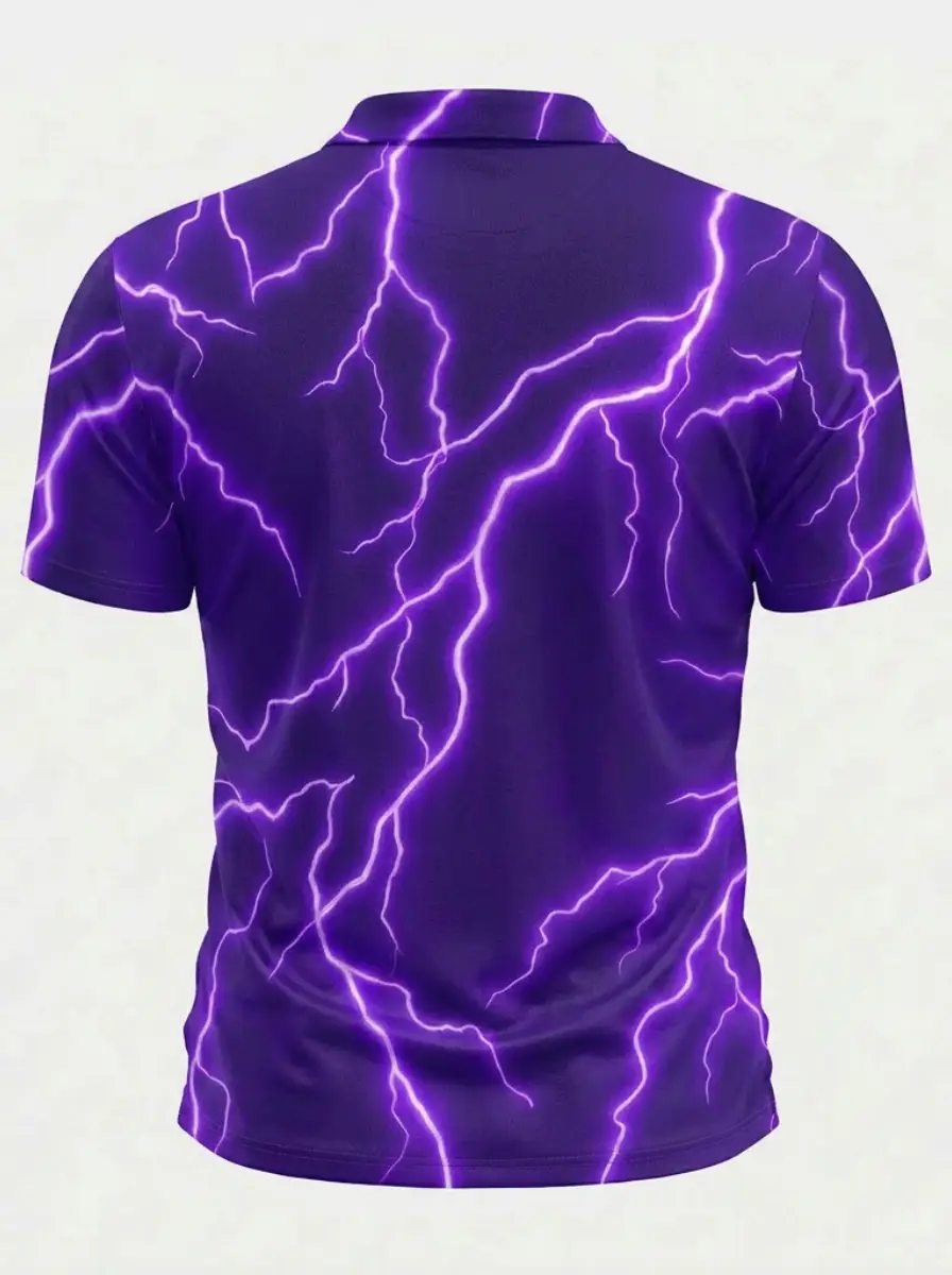 Moisture Wicking Golf Polo 3D Purple Lightning Pattern Button Short Sleeve Golf Polo Shirt