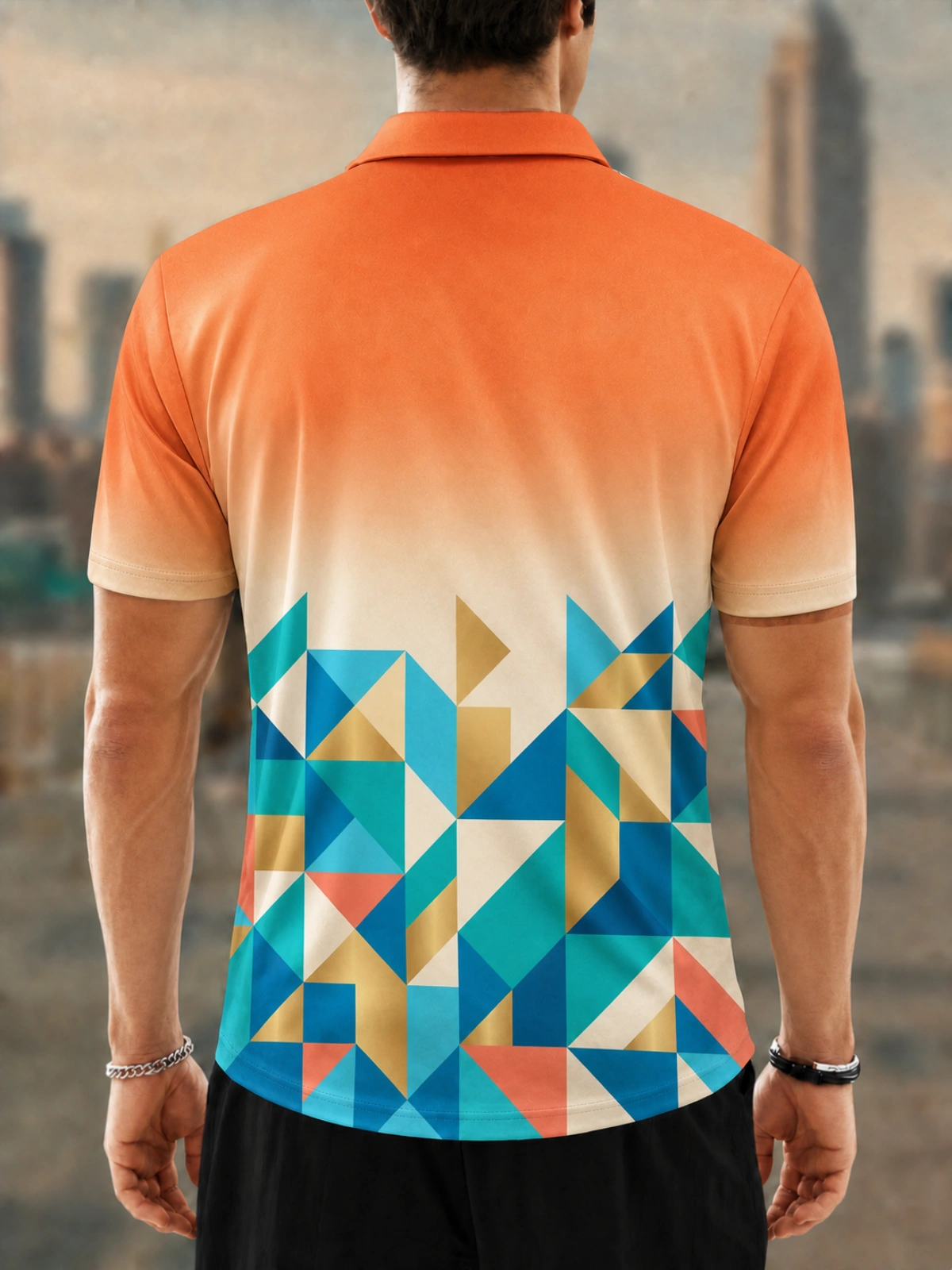 Moisture Wicking Golf Polo 3D Orange Gradient Triangle Geometric Button Short Sleeve Golf Polo Shirt