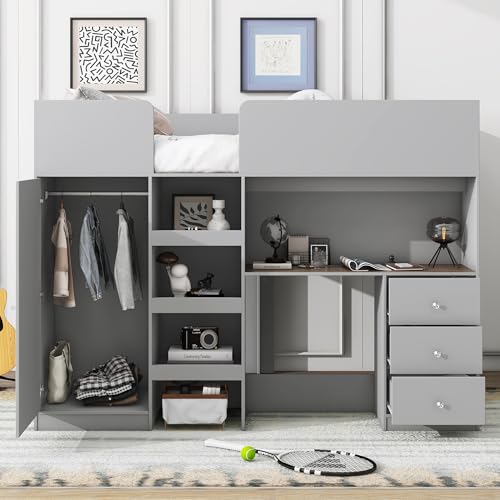 Full Size Loft Bed with L-Shaped Desk and Wardrobe, Wood Loft Bed Frame with Storage Shelves and Guardrails for Kids Teens Girls Boys Adults Bedroom Dormitory Apartment(White, Full)