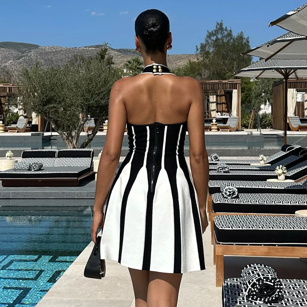 Halter Striped Knit Fit & Flare Mini DressClistos