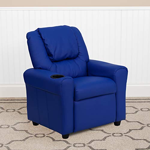 EMMA + OLIVER Beige Vinyl Kids Recliner with Cup Holder and Headrest