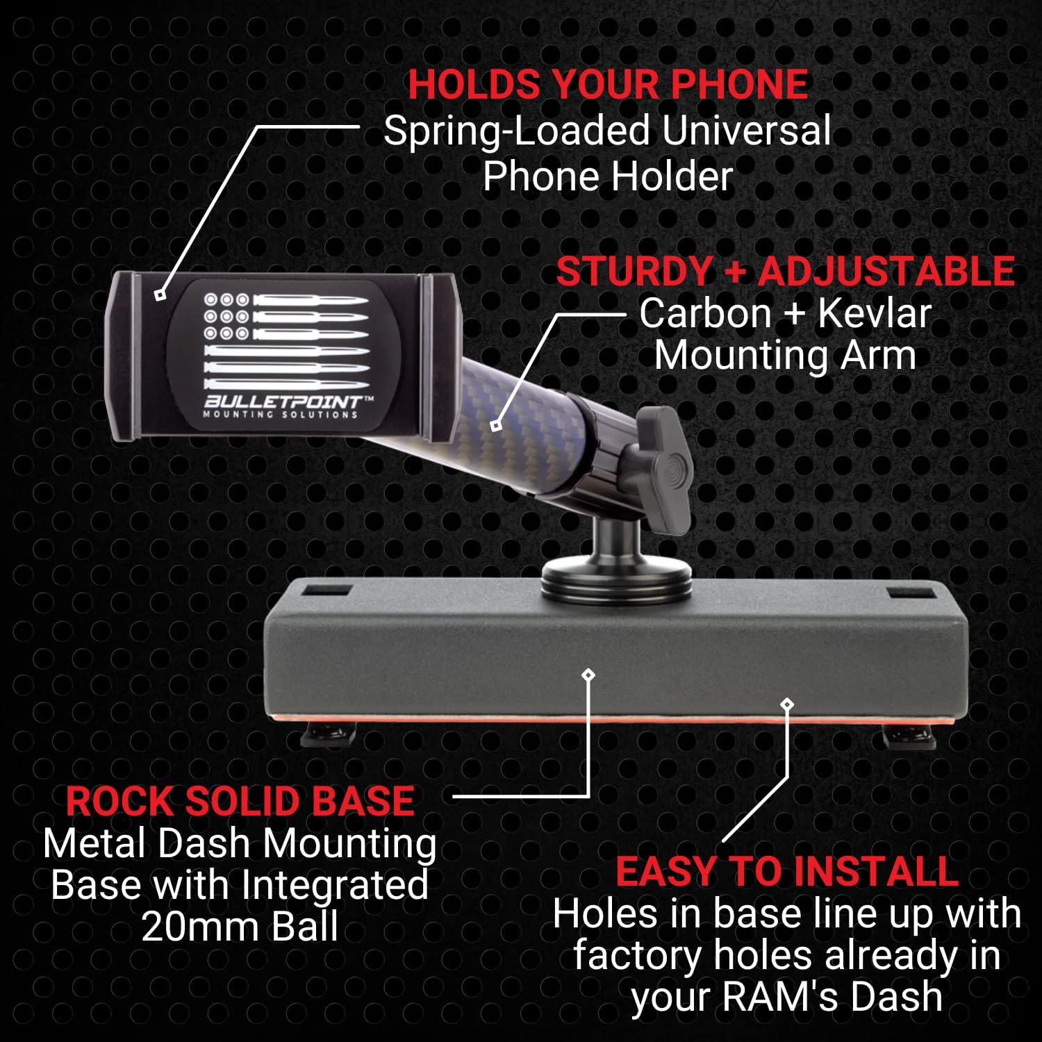 Dash Mount Cell Phone Holder RAM Truck Compatible (2019+ 1500, 2500, 3500 and TRX) with 20mm Ball Mount - Compatible with iPhone and Android Smartphones (Dual Ball with 2 Phone Holders)