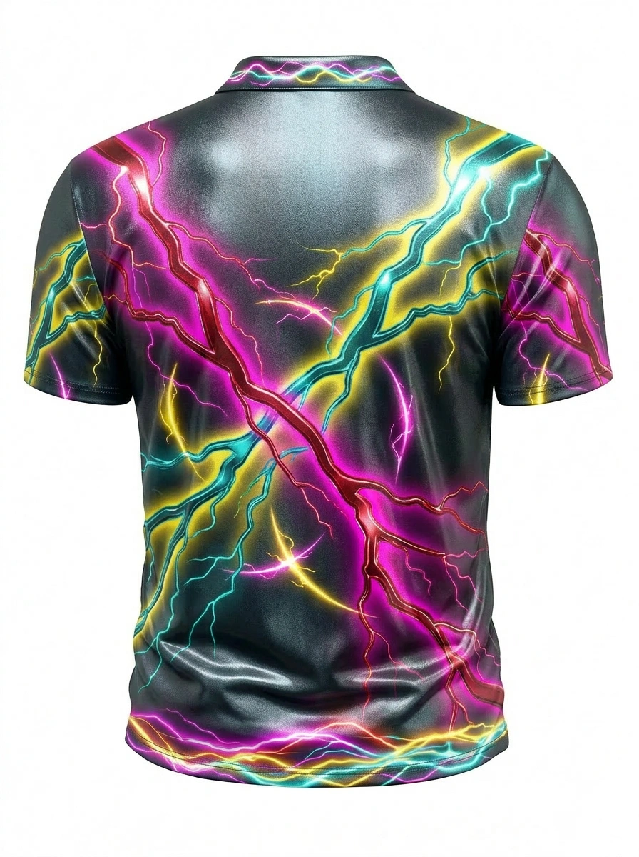 Moisture Wicking Golf Polo 3D Black Multicolor Lightning Button Short Sleeve Golf Polo Shirt