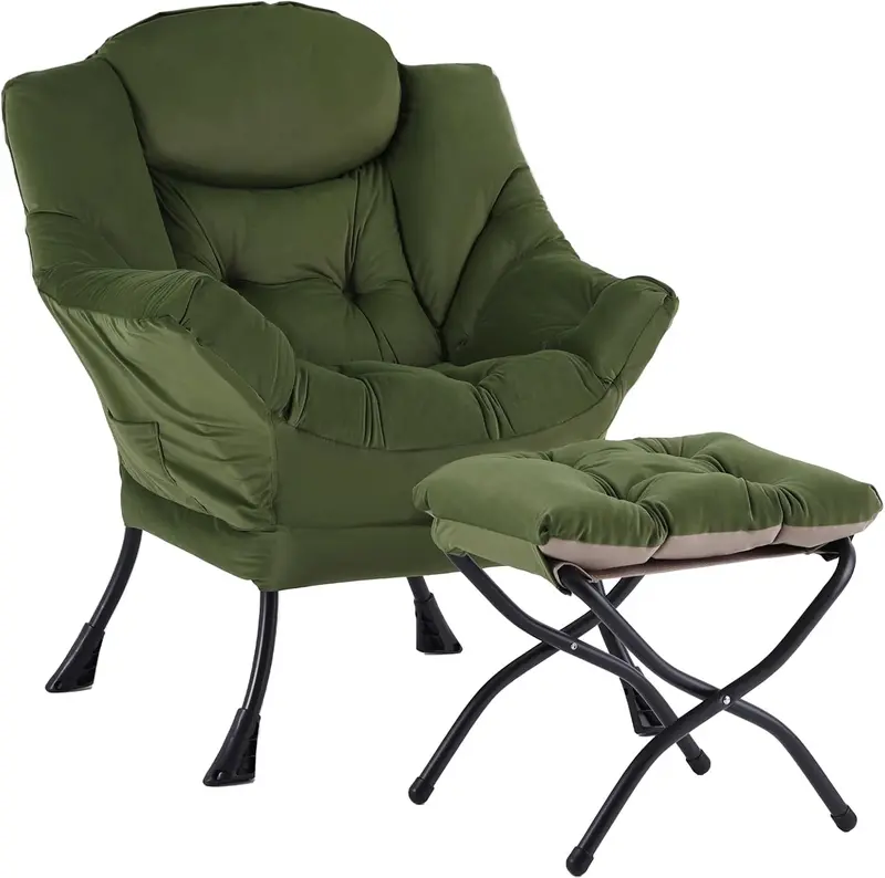 Welnow Modern Lazy Chair with Ottoman – Compact Accent Armchair Featuring Side Pocket and Footrest