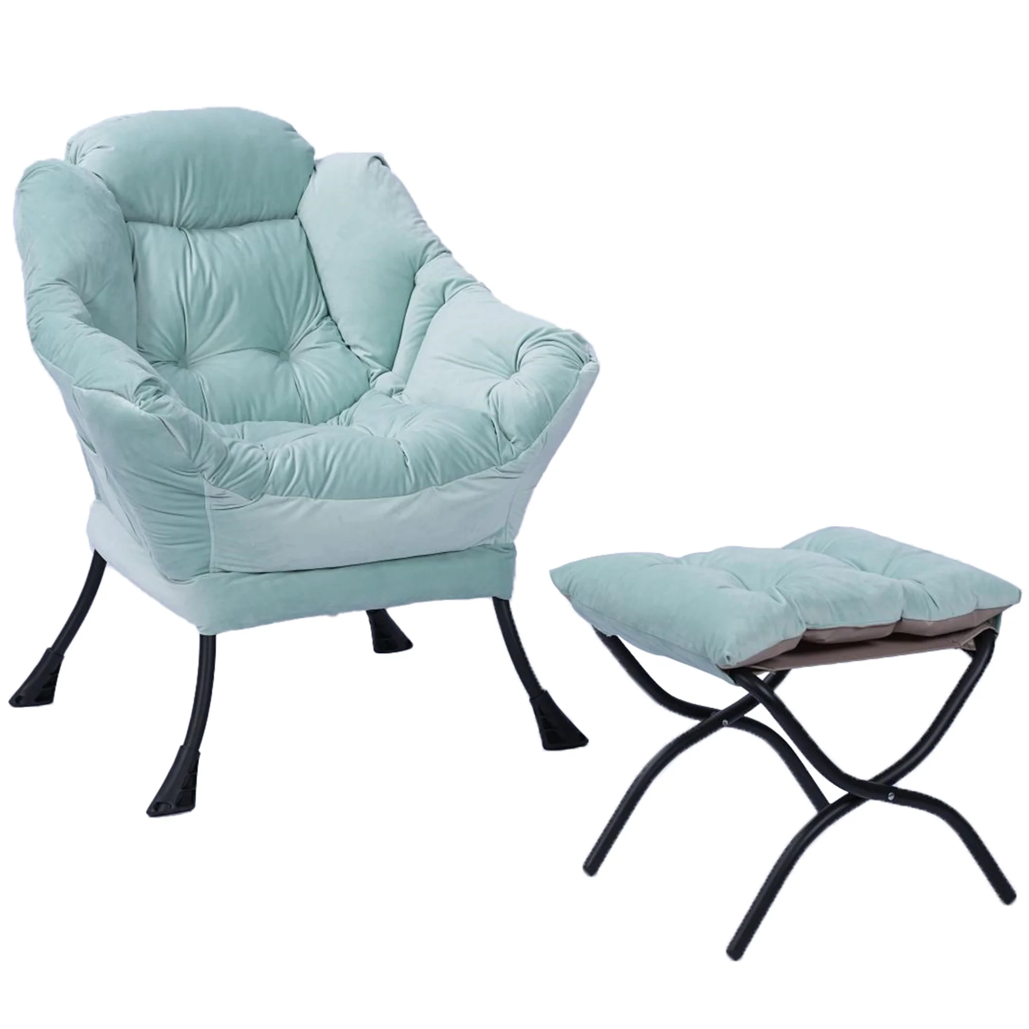 PAPROOS Reading Chair with Ottoman, Modern Lazy Chair Upholstered Fabric Accent Chair Leisure Sofa Chair for Living Room, Comfy Lounge Chair with Armrests, Footrest and Side Pocket, Green