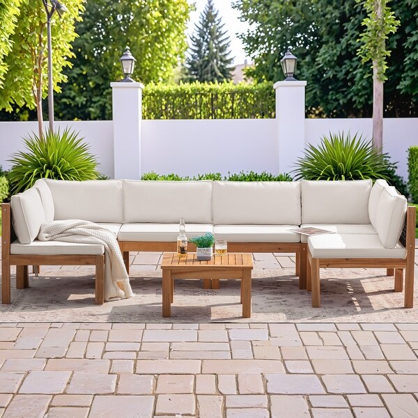 Furniwell 7Piece Outdoor Patio Furniture Sets Sectional Sofa Set Acacia Wood Set with Table ,Rattan sofa set