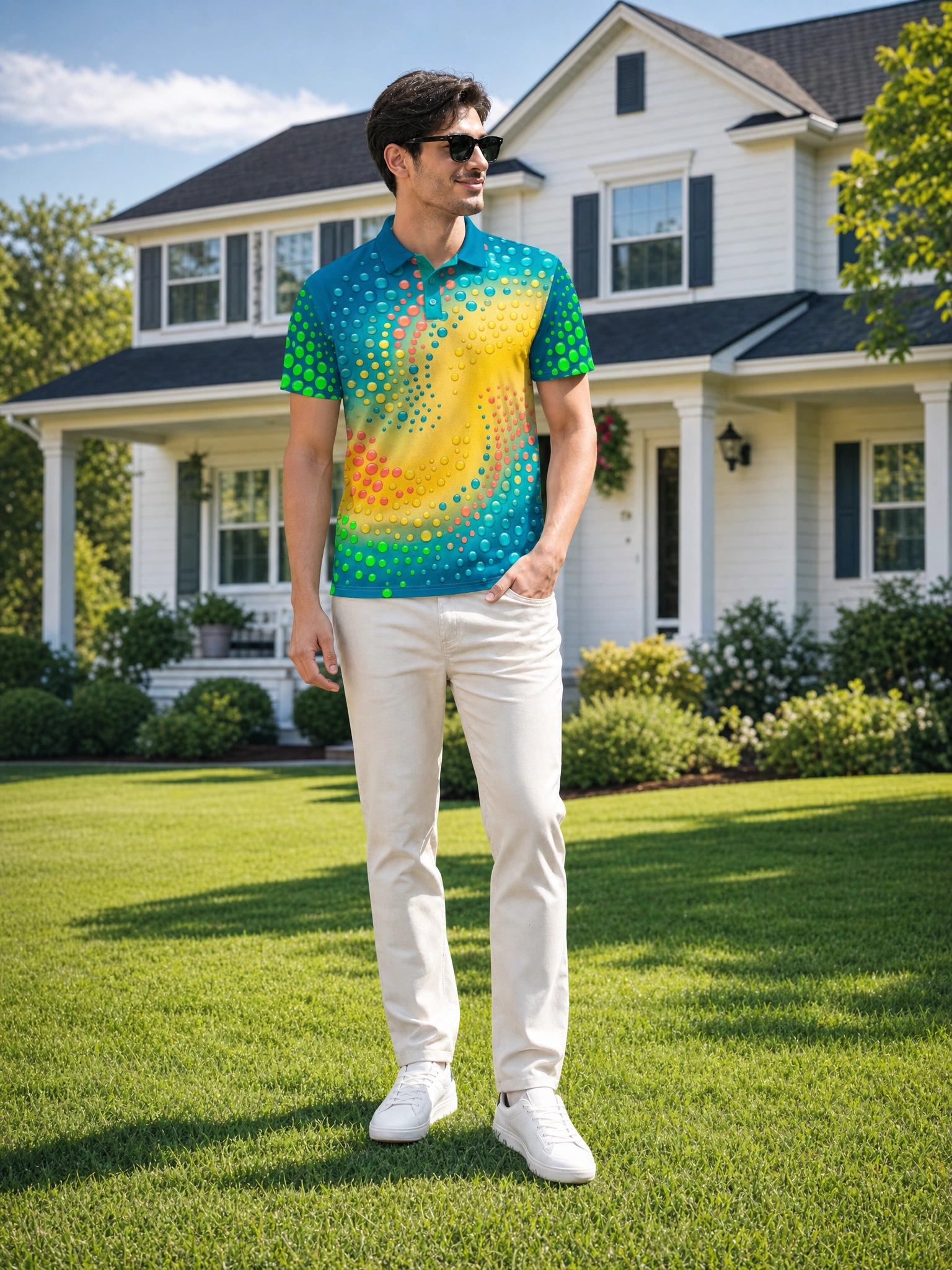 Moisture Wicking Golf Polo 3D Colorful Dot Gradient Button Short Sleeve Golf Polo Shirt