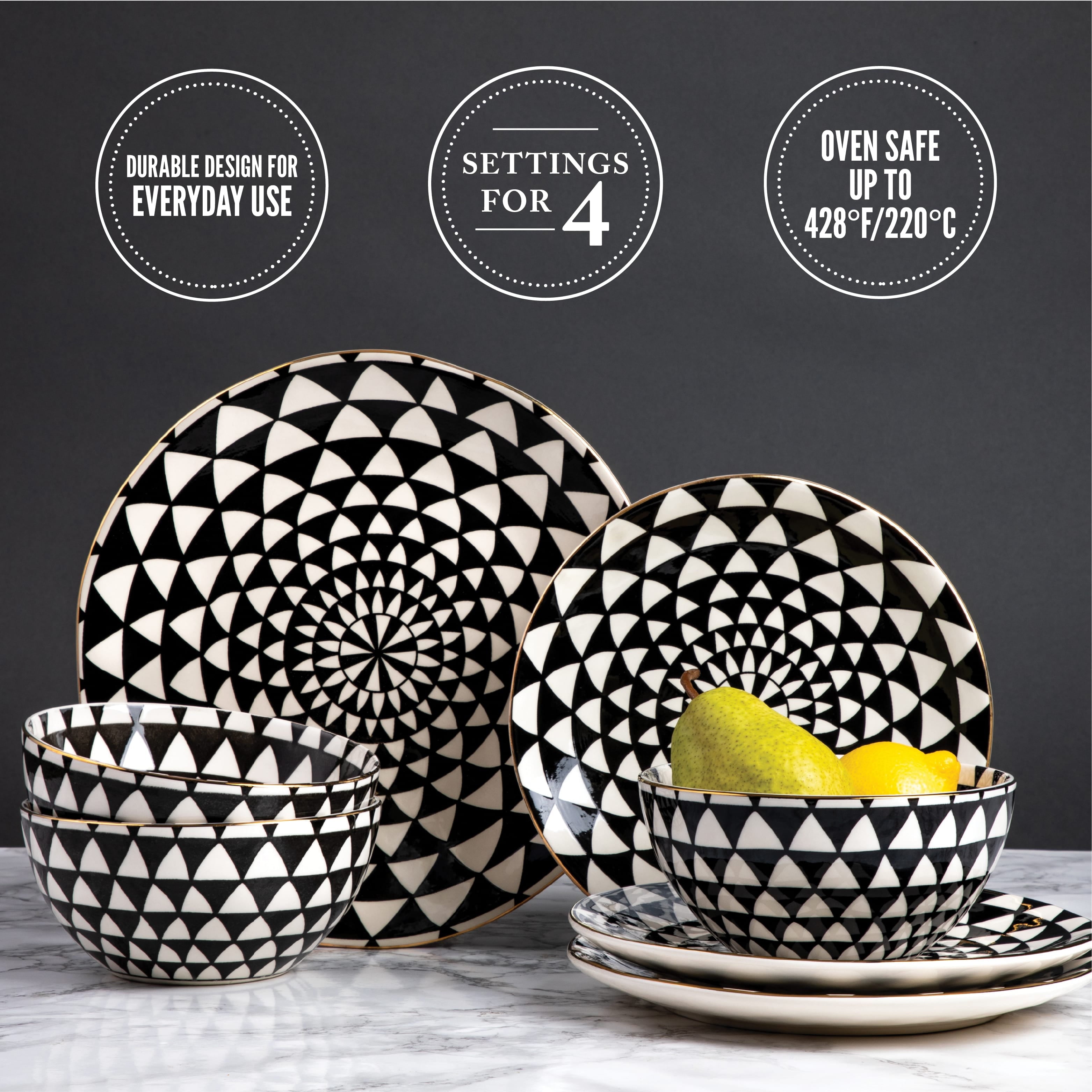 Thyme and Table Dinnerware Black and White Medallion Stoneware, 12 Piece Set