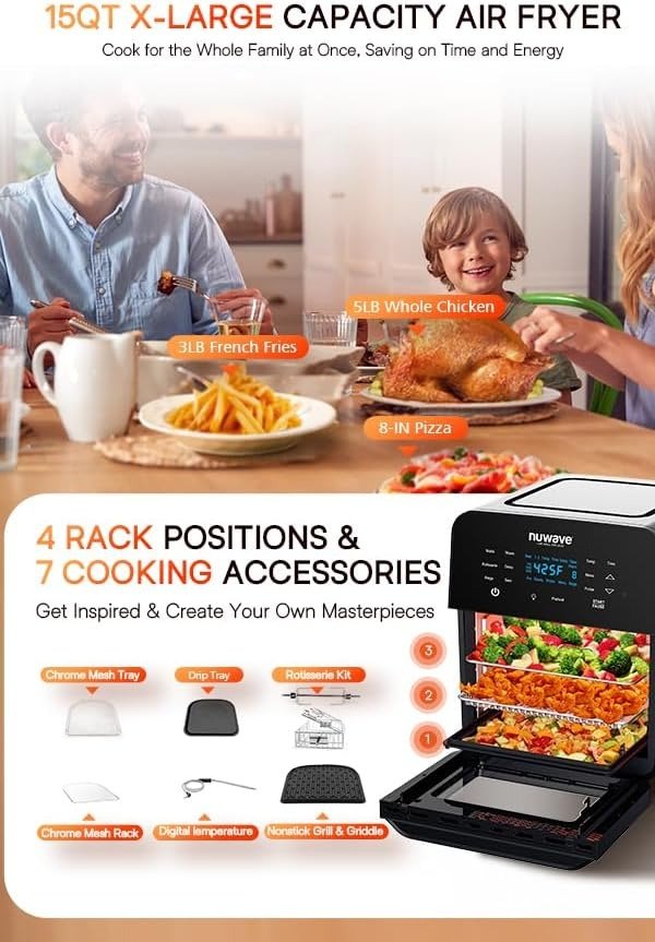 Multi-Function Rotisserie Air Fryer Oven, Integrated Thermometer, Smart Cooking Technology, Stainless Steel
