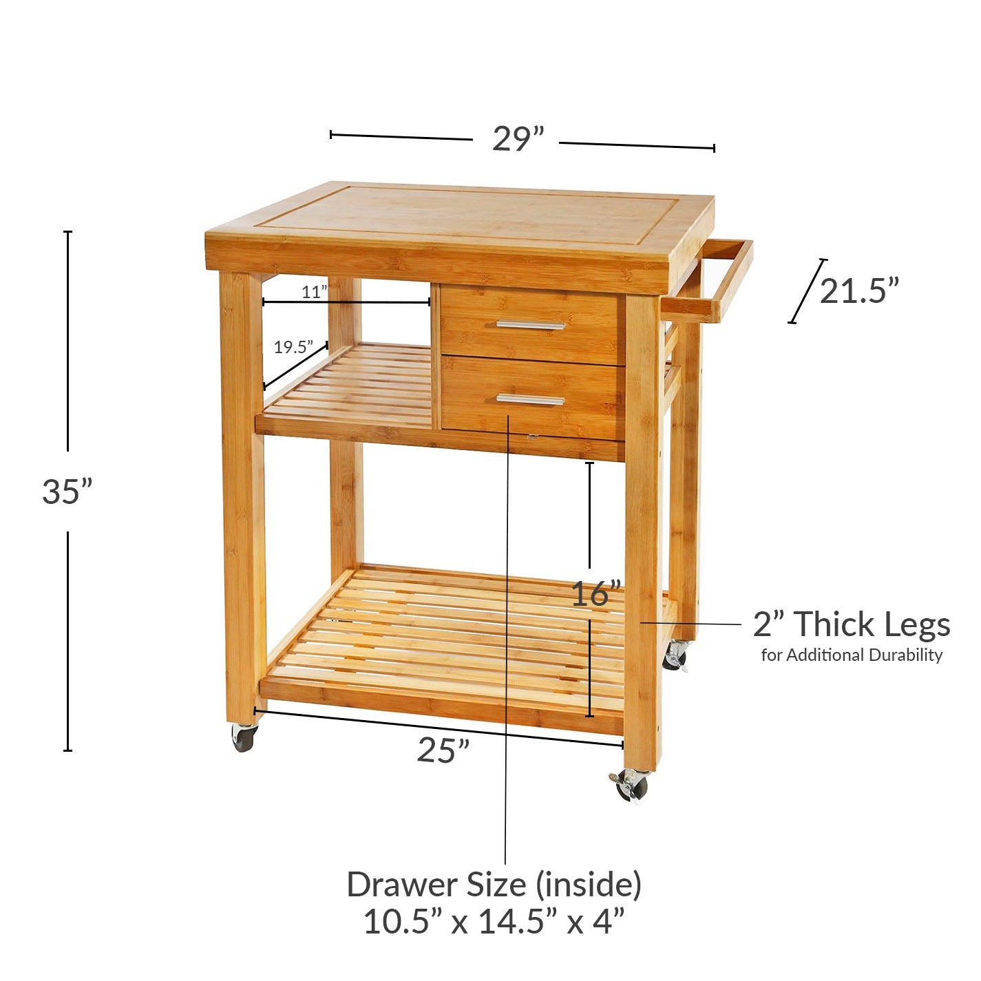 Home Aesthetics Rolling Bamboo Kitchen Island Cart Food Prep Trolley, with Towel