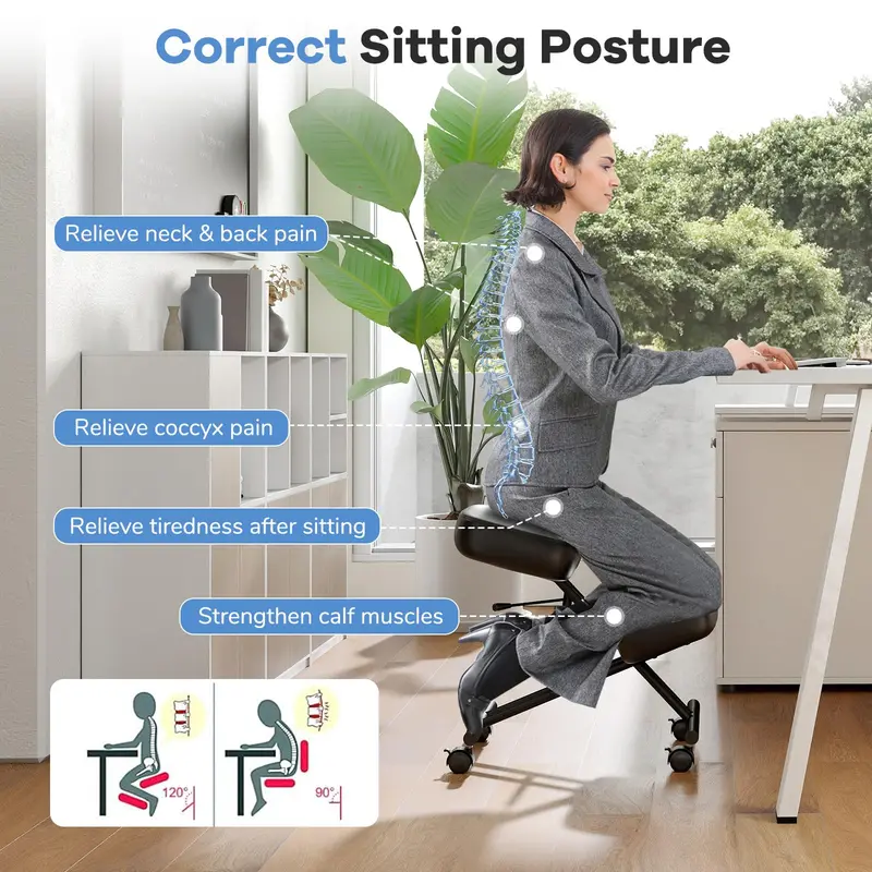Upholstered Kneeling Desk Chair with 360° Swivel and Locking Caster Wheels
