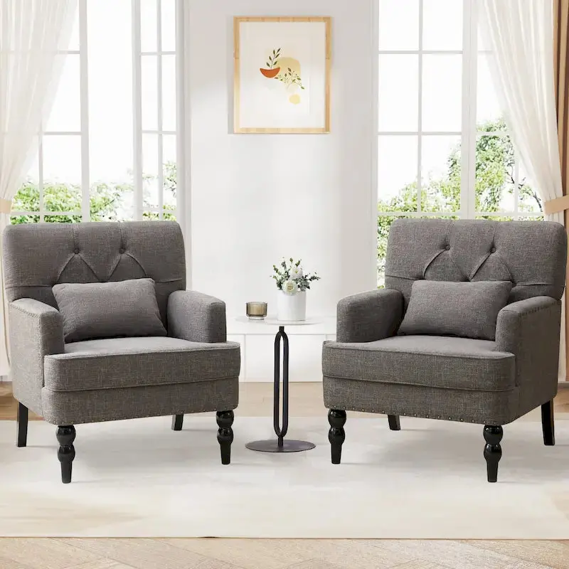 Set of 2 Button-Tufted Accent Armchairs – Upholstered Swivel Chairs with Lumbar Support Pillows