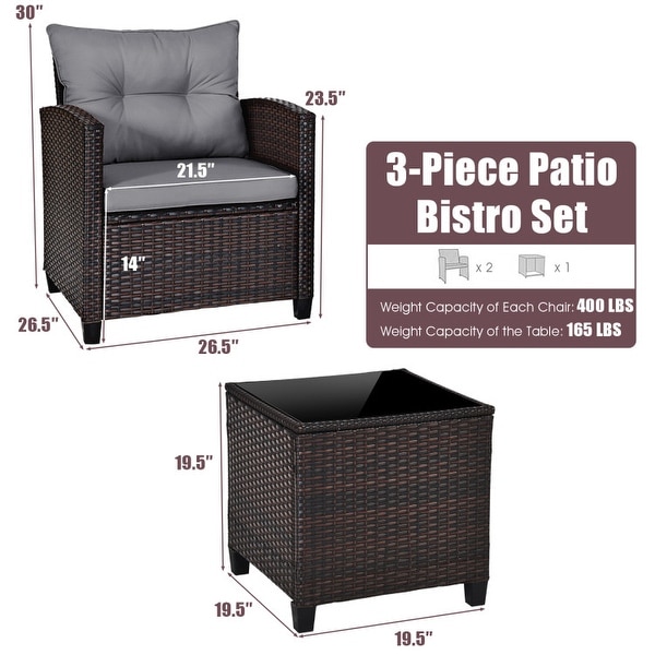 3 Pieces Rattan Patio Furniture Set with Washable Cushion