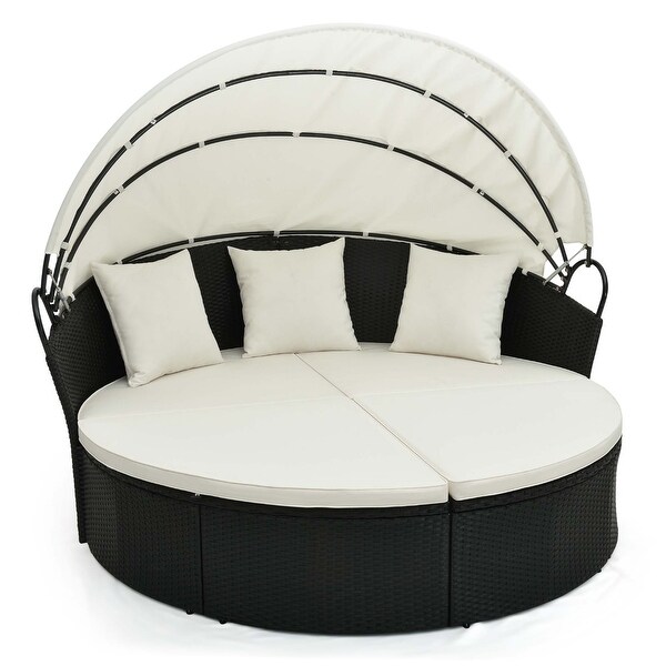 Patio Round Daybed with Retractable Canopy Rattan Sectional Seating