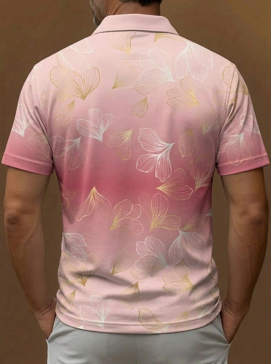Pink Gold Ginkgo Leaf Print Gradient Short Sleeve Golf Polo Shirt