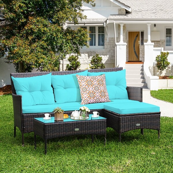 Costway 3PCS Patio Rattan Furniture Set 3Seat Sofa Cushioned Table