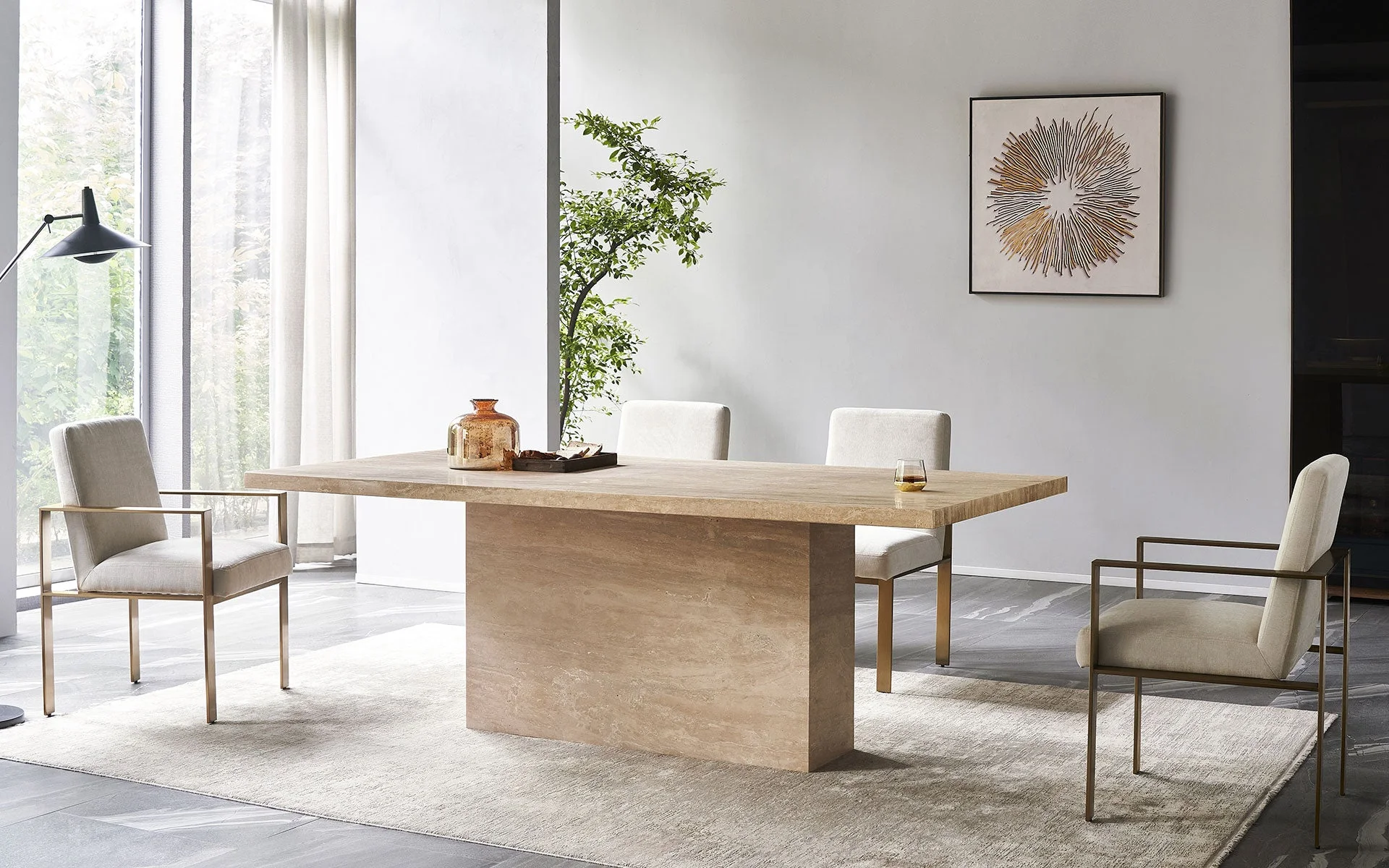 Mofit Home, Modern, Elegant, Light Brown Travertine, Travertine+Wood+Metal, Accent Dining Table, Furniture for Dining Room, Dining Room, 1pc, T-shaped