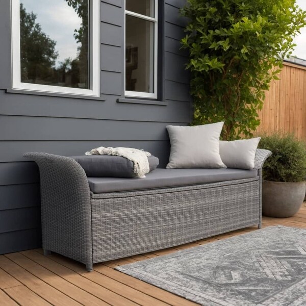 vidaXL Outdoor Storage Bench Patio Rattan Storage Box with Cushion Poly Rattan
