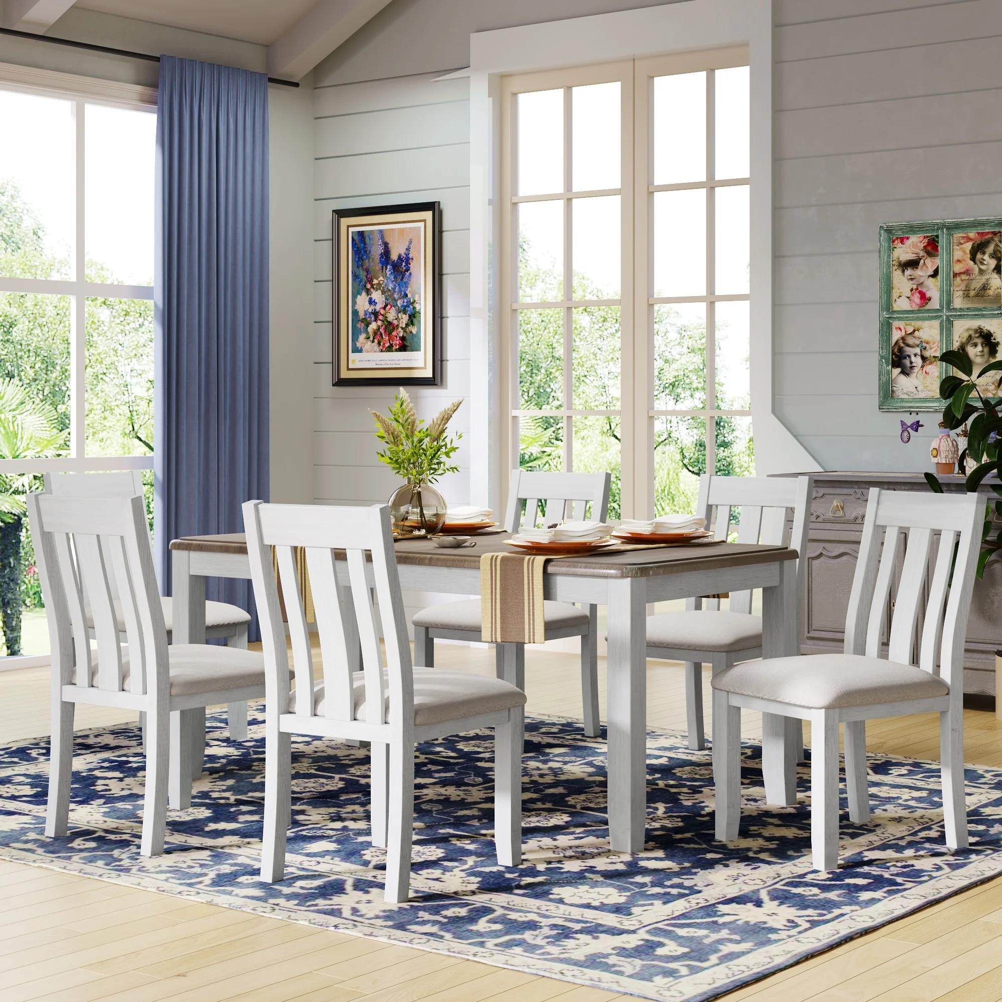 Retro Style 7-piece Wooden Dining Table Set with Extendable Table & 6 High Back Upholstered Chairs, Removable Leaf (Brown+White) Brown+White