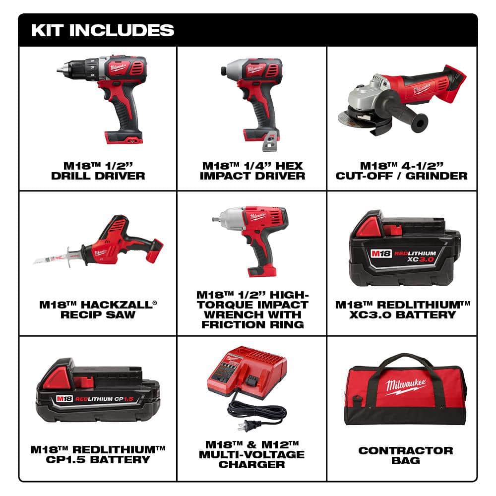 Milwaukee M18 18V Lithium-Ion Cordless Combo Tool Kit (5-Tool) with Two Batteries, Charger, Tool Bag 2695-25CXH