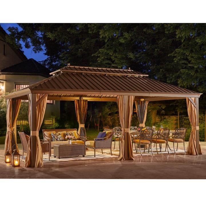 12’x20′ Galvanized Steel Hardtop Gazebo Double-Roof Pergola w/ Netting Curtain