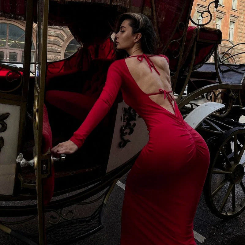 Backless Maxi Dress | Tie Halter Bodycon Evening GownClistos