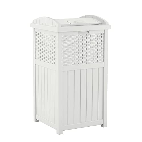 Suncast 33 Gallon Hideaway Trash Can for Patio – Resin Outdoor Trash with Lid – Use in Backyard, Deck, or Patio
