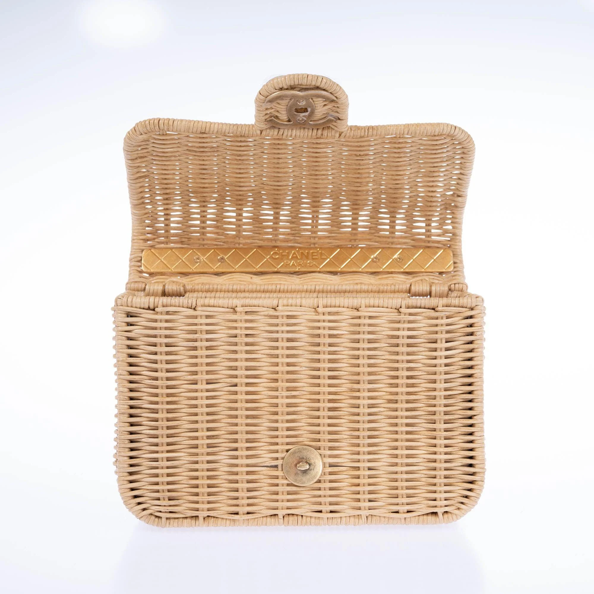 Chanel Mini Flap Bag with Top Handle Beige Braided Rattan Gold-Tone Hardware