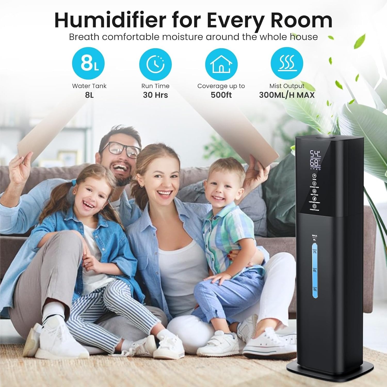 2.1Gal(8L) Ultrasonic Cool Mist Humidifier 7 Color Light Quiet for Large Room Bedroom Black