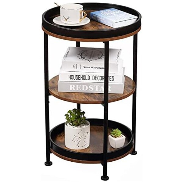 Round Industrial Sofa Table with 3 Storage Shelves,Rustic Brown
