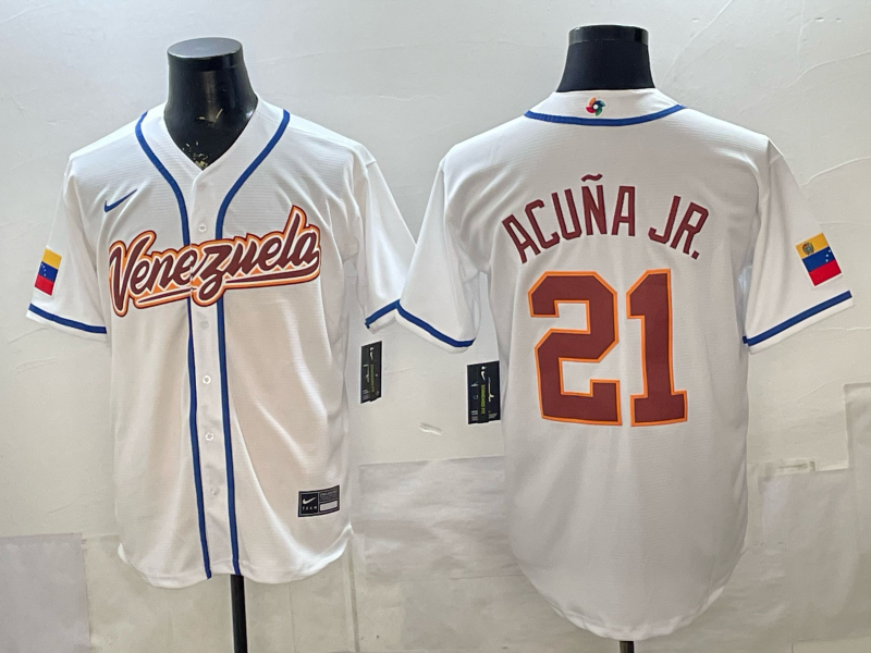 Men's Venezuela Baseball Ronald Acuna Jr. #21 White 2026 World Baseball Classic Stadium Jersey