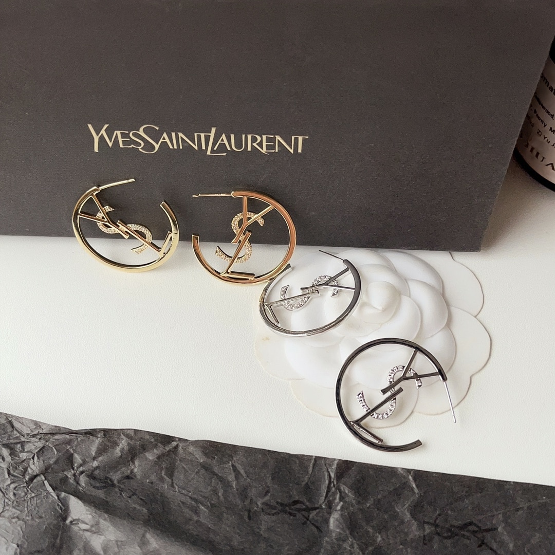 Saint Laurent Ysl Hoop Earrings With Crystal Gold