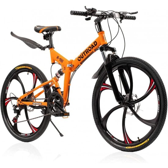 Folding Mountain Bike 6 Spoke 21 Speed 26 inch Wheel Double Disc Brakes Full Suspension Anti-Slip, Orange
