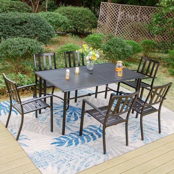 MAISON ARTS 7Piece Metal Patio Dining Set With 1 Rectangular Table and 6 Stackable Dining Chairs