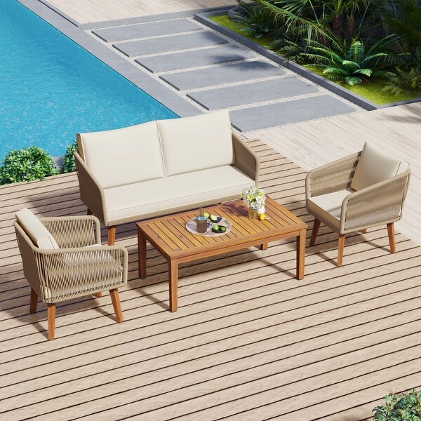 4Piece Outdoor Patio Woven Rope and Wood Conversation Set with Cushions and 1 Table