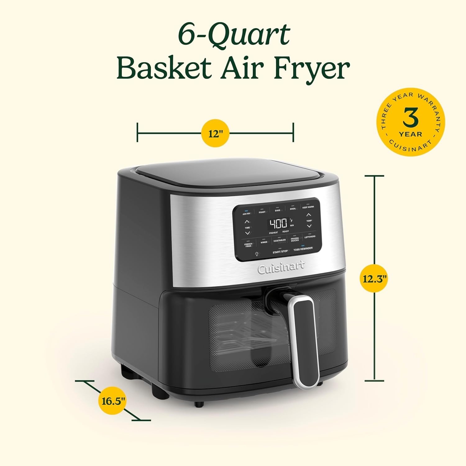 6QT 5-in-1 Air Fryer with Viewing Window, 5 Presets, Toss Reminder, Stainless Steel & Black