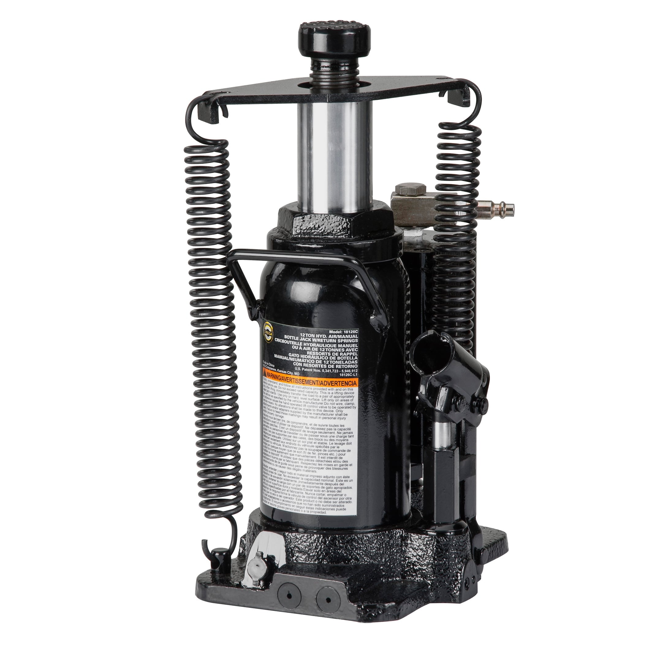 Omega 18126C Black Hydraulic Bottle Jack with Return Springs, 12 Ton Capacity