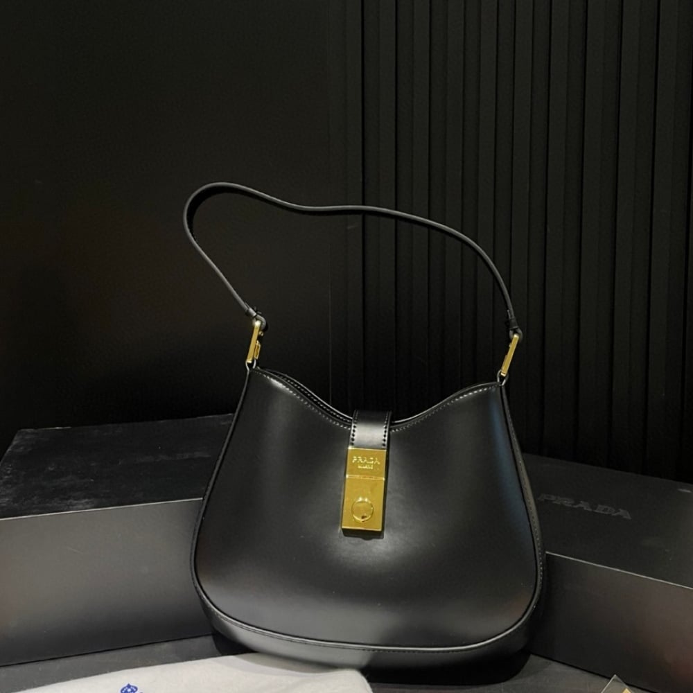 Prada Cleo Brushed Leather Shoulder Bag With Clasp Closure Black 26Cm