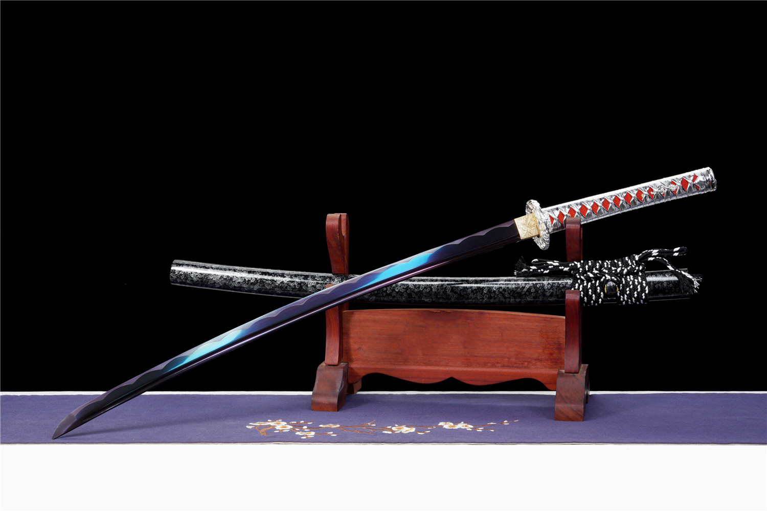 Handmade Katana High Carbon Purple Blade Alloy Tsuba Silver Saya Full Tang