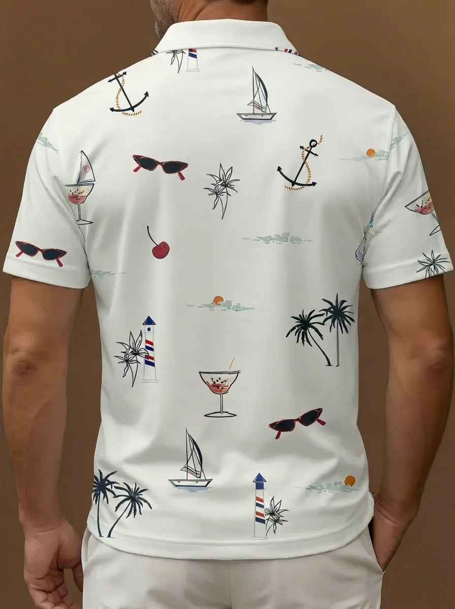 White Tropical Beach Cocktail Pattern Button Short Sleeve Golf Polo Shirt