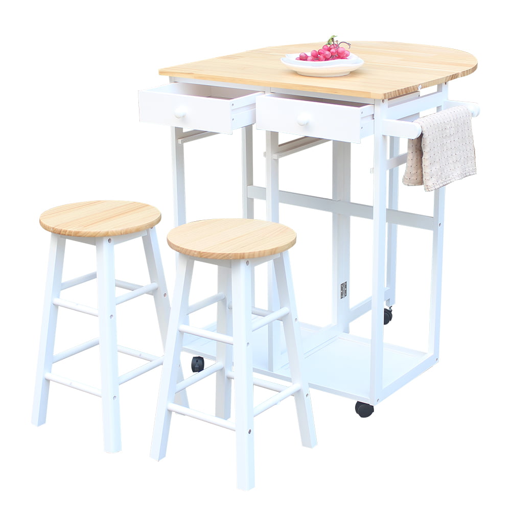 SEGMART Drop-Leaf kitchen Island Cart with Dining Table and Bar Stools, Rolling Kitchen Trolley Cart with 2 Storage Drawers, Heavy Duty Wooden Round Kitchen Breakfast Cart for Small Space, L1787