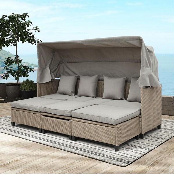 4 Piece Wicker Patio Sofa Set with Retractable Canopy and Lifting Table